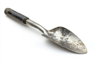 Obraz premium Worn metal gardening trowel with a black handle.