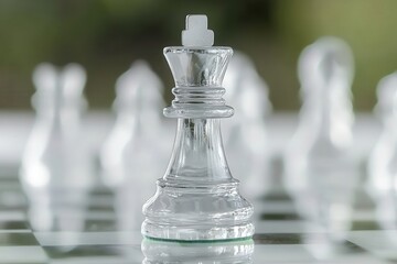 Glass chess king stands majestically on a chessboard.