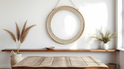 Fototapeta premium Rustic Interior Design: A captivating scene of interior design, with focus on the textural interplay of raw wooden table, elegant mirror, and decorative floral elements.