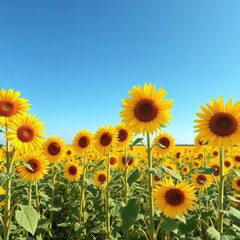 Fototapeta premium Vibrant yellow sunflowers stand tall against a vast blue sky and expansive field, horizon, field, wide