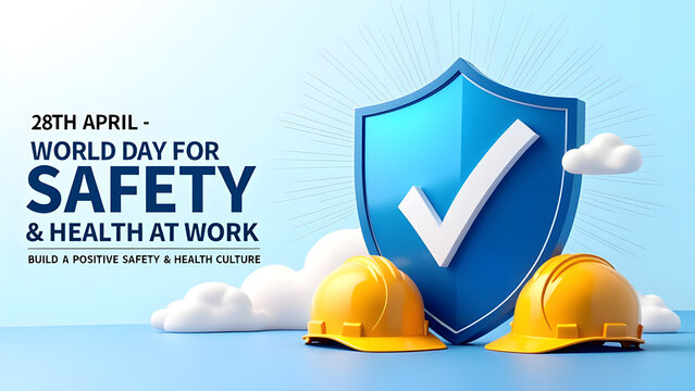 World day for safety and health at work. 28th April. World Day for safety of workers. Workers Day Banner in blue. Awareness of accidents and diseases globally. Safety and Health for employees.