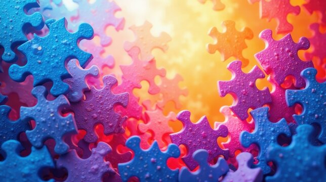 A vibrant collection of interlocking puzzle pieces, exhibiting a spectrum of colors ranging from cool blues to warm pinks, creates a visually captivating and intricate pattern.