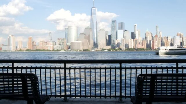 New York City waterfront skyline, Manhattan Downtown Financial district, World Trade Center building, riverfront skyscrapers. From Paulus Hook, New Jersey. United States architecture. Hudson river.