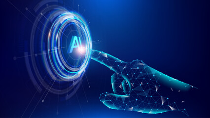 Digital hand touches AI icon on futuristic holographic screen with blue digital background. Hand interacting with a low-poly wireframe button, symbolizing AI technology and innovation.