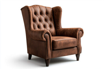 Elegant leather armchair with high backrest living room furniture showcase modern design cozy ambiance eye-level perspective luxurious comfort concept