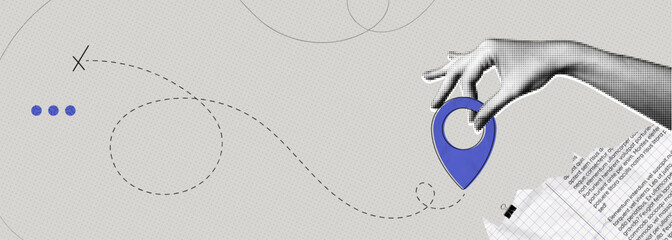 Trendy Halftone Collage Hand holding location pin. Contemporary art with position element. Delivery route. Travel way and find trip. GPS point navigation. Transport logistic. Vector illustration