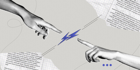 Trendy Halftone Collage Two hands pointing to lightning bolt. Power of teamwork. Digital contemporary art. SEO marketing concept. Business idea. Vector retro pop art illustration