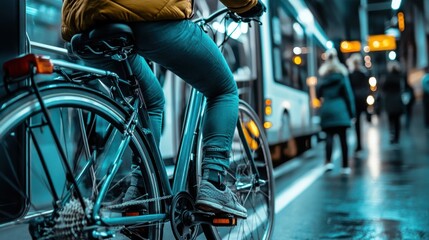 Person on Bicycle Waiting at Train Station in Urban Environment