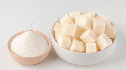 A bowl of sugar cubes and another filled with granulated sugar, placed on the table.