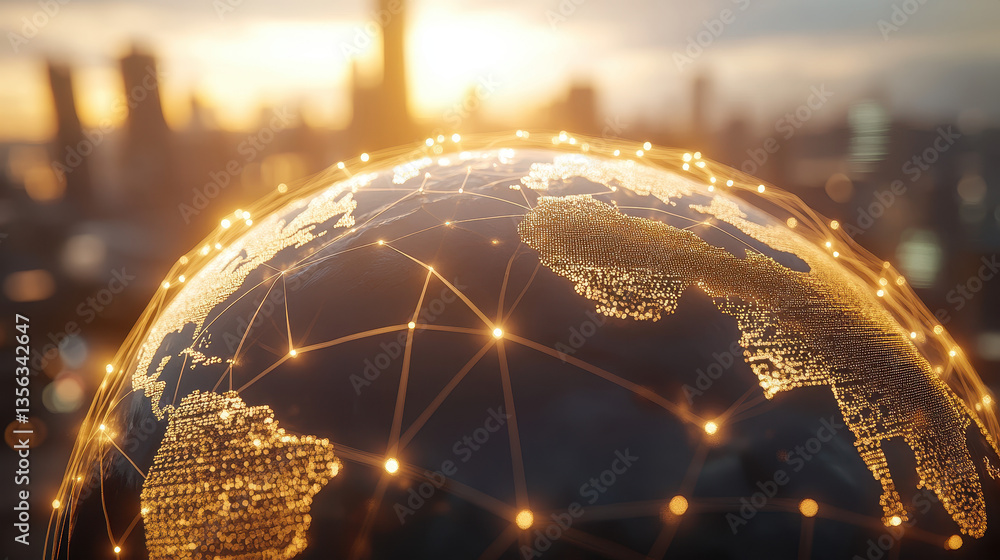 Poster a golden world map with glowing connections between different countries, representing global network