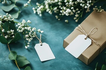 A Mockup of a White Tag and a Price Tag Near a Craft Package with Flowers Lie on a Blue Table