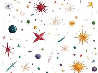Celestial pattern design, whimsical shapes on white background