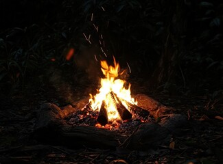 campfire at night, the flames flickering softly against a dark background.