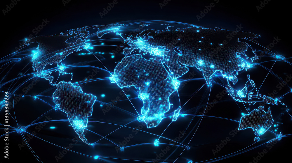 Poster digital world map with global network connections, blue glowing lines connecting the continents on a