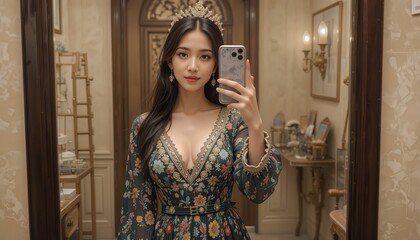 Fototapeta premium Elegant Woman in Floral Dress Taking a Selfie