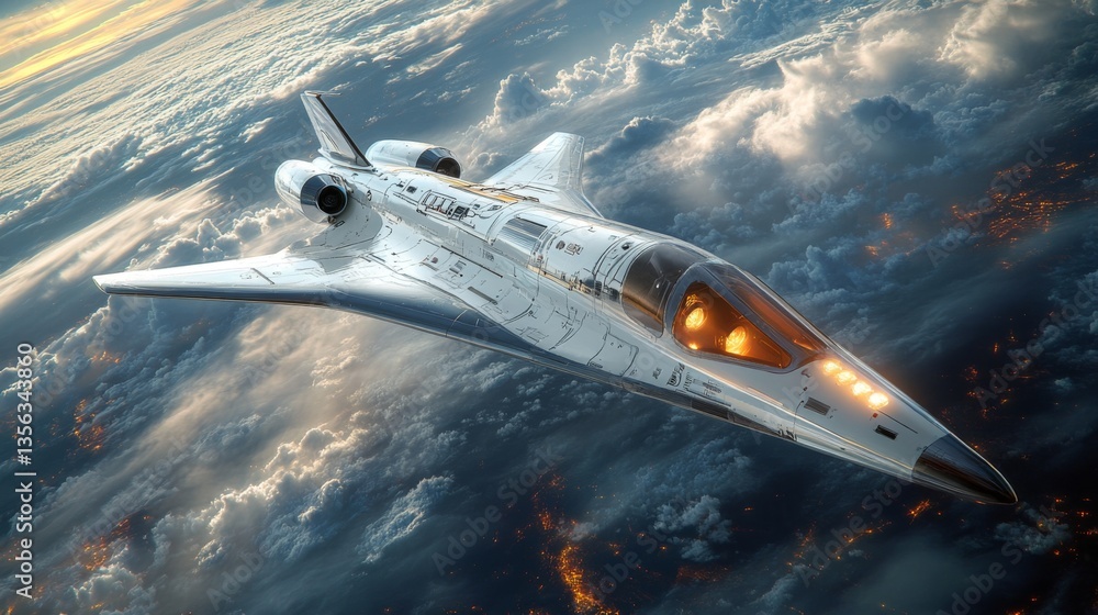 Aufkleber A futuristic spaceplane ascends through the clouds at dusk, showcasing its sleek design and cutting edge propulsion system as it prepares for a hypersonic flight mission from a remote launch site.