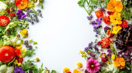 Floral and vegetable arrangement, overhead view with copy space
