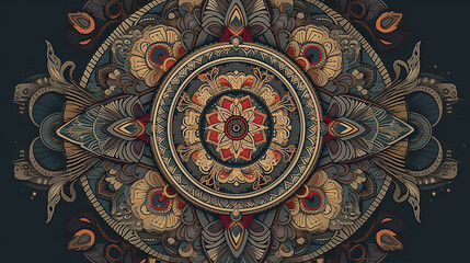 Obraz premium Intricate mandala design featuring floral patterns and geometric shapes on a dark background (1)