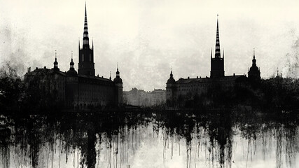 Naklejka premium Moody monochrome cityscape highlighting Stockholm Syndrome's emotional duality. Dark buildings and watery reflections symbolize entrapment, confusion, and complex human connections.