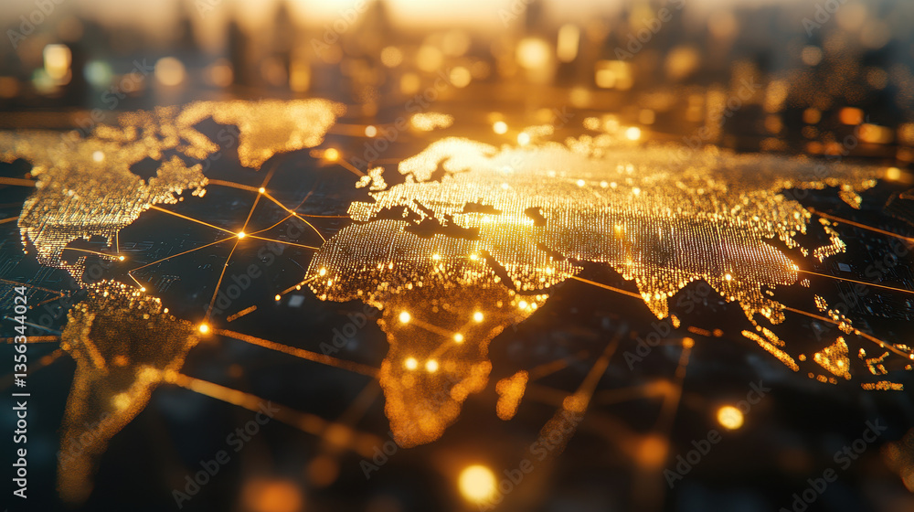 Poster a golden world map with glowing connections between different countries, representing global network