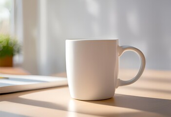 Blank white mug mockup with blur background