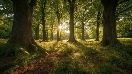 Fototapeta premium Lush Green Forest Illuminated By Sunlight Through Tree Canopy and a Path in the Distance