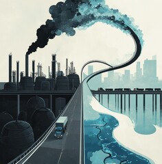 A road leading to an industrial area with oil tanks and trucks, the left side is black with a dark blue color of smoke coming