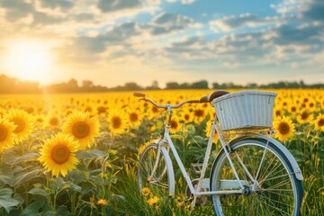 Sunflowers and Bicycle: A charming bicycle sits gracefully amidst a vibrant field of sunflowers, basked in the warm glow of a golden sunset. A scene of tranquility.