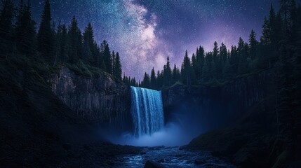 Celestial Cascade, A Majestic Waterfall Under a Starry Night Sky