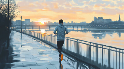Fototapeta premium Urban riverside run under a pastel sunrise sky, a solitary figure embraces fitness journey