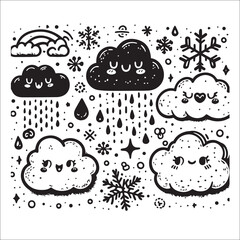 Black and White Doodle Illustration of Cute Clouds with Rain and Snow