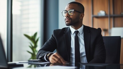 Serious confident pensive black businessman boss wearing suit and glasses looking to the office window thinking and planning his professional business work sitting at his office desk workplace