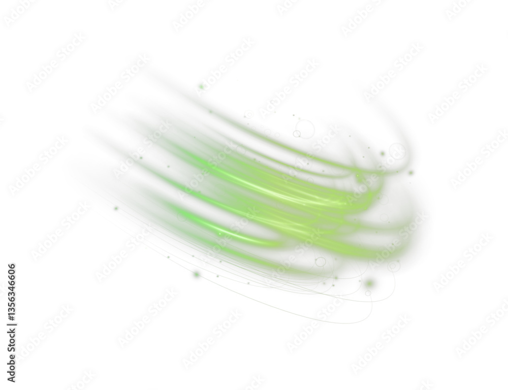 Poster glowing neon lines in green tones with sparkling energy effects and fast motion swirls. abstract fut