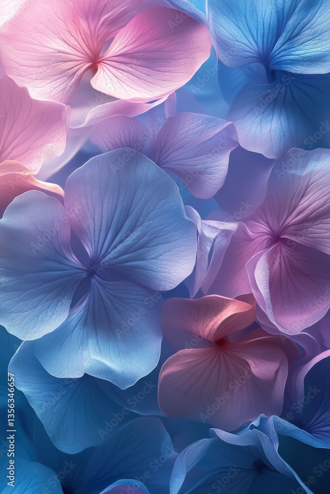 Poster hydrangea petal palette: delicate hydrangea petals in an array of soft hues, creating a visually stu