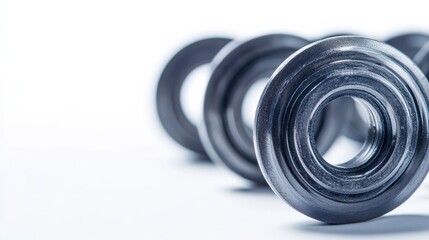 Metallic Weights Arranged in a Row on a Simple White Background