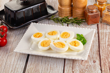 Boiled chicken eggs with bright yolk