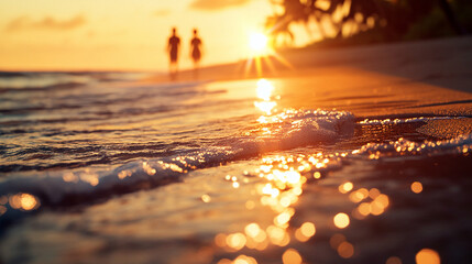 Silhouettes walking on beach at golden sunset, sun reflecting in waves creates a magical moment
