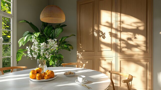 Discover a Cozy and bright Scandinavian-inspired breakfast nook, the perfect spot for your morning coffee Soft textures and fresh flowers enhance the calm ambiance Capture the natural light streaming