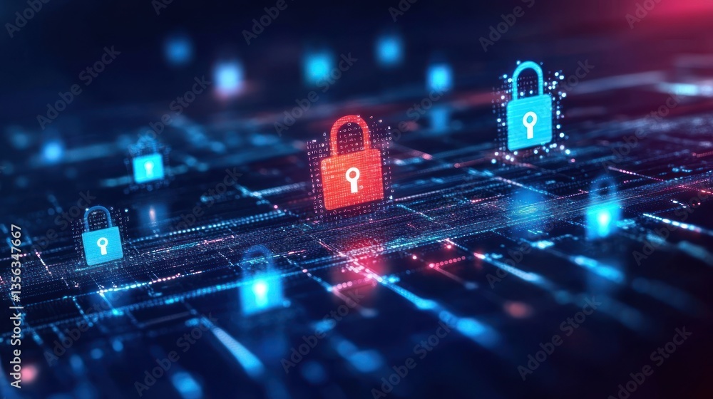 Poster glowing digital locks in red and blue floating over circuit board grid symbolize cyber security. con