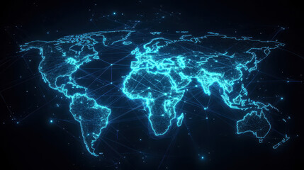 Abstract digital world map with glowing connections, in a blue color theme on a black background