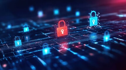 glowing digital locks in red and blue floating over circuit board grid symbolize cyber security. concept of online protection and data privacy. technology poster or banner design with copy space