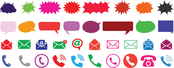 Colorful speech bubbles, comic bursts, email icons, and phone symbols in a vibrant vector set. Perfect for communication, messaging, comic design, notifications, and user interface elements