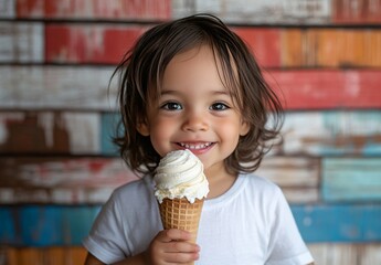 Joyful Ice Cream Delight: A bright-eyed child beams with pure delight as they savor a delicious ice cream cone, a sweet moment captured in a burst of vibrant colors.