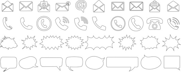 Obraz premium communication icon vector outline set featuring email, phone, speech bubbles, and comic bursts for web, chat, customer support, messaging, and business communication graphics for digital use