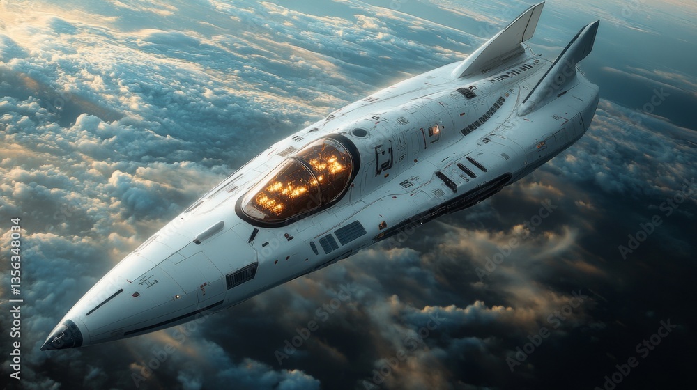 Poster a cutting edge spaceplane is depicted in a hypersonic launch, soaring gracefully above the cloud lay
