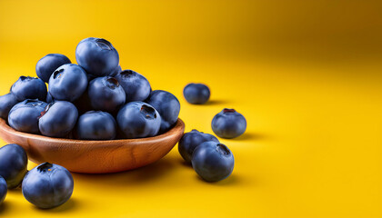 Fototapeta premium A wooden bowl overflowing with ripe blueberries against a vibrant yellow backdrop.