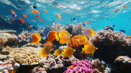 Obraz premium Vibrant underwater coral reef scene with colorful tropical fish swimming in clear turquoise water marine life ecosystem