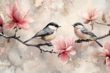 Two Birds among Magnolias: A delicate depiction of two small birds perched on a branch adorned with blooming magnolia flowers, showcasing a soft color palette and serene ambiance. 