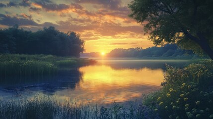 Golden hour serenity, A tranquil lake scene at daybreak with reflection