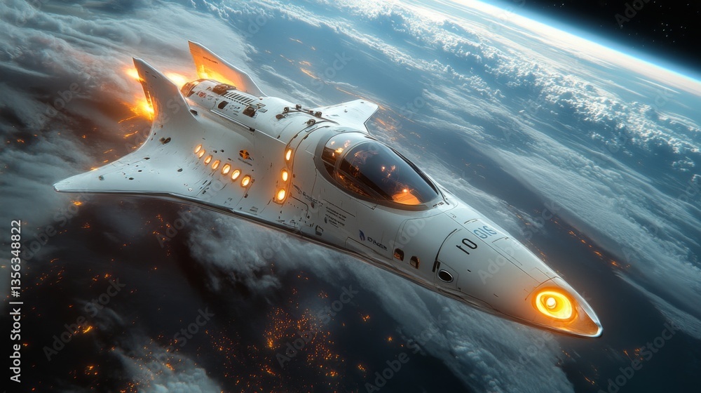 Aufkleber An advanced spaceplane is seen soaring through the Earth's atmosphere, powered by innovative propulsion systems and igniting hypersonic speeds. The background features clouds over a lit landscape.